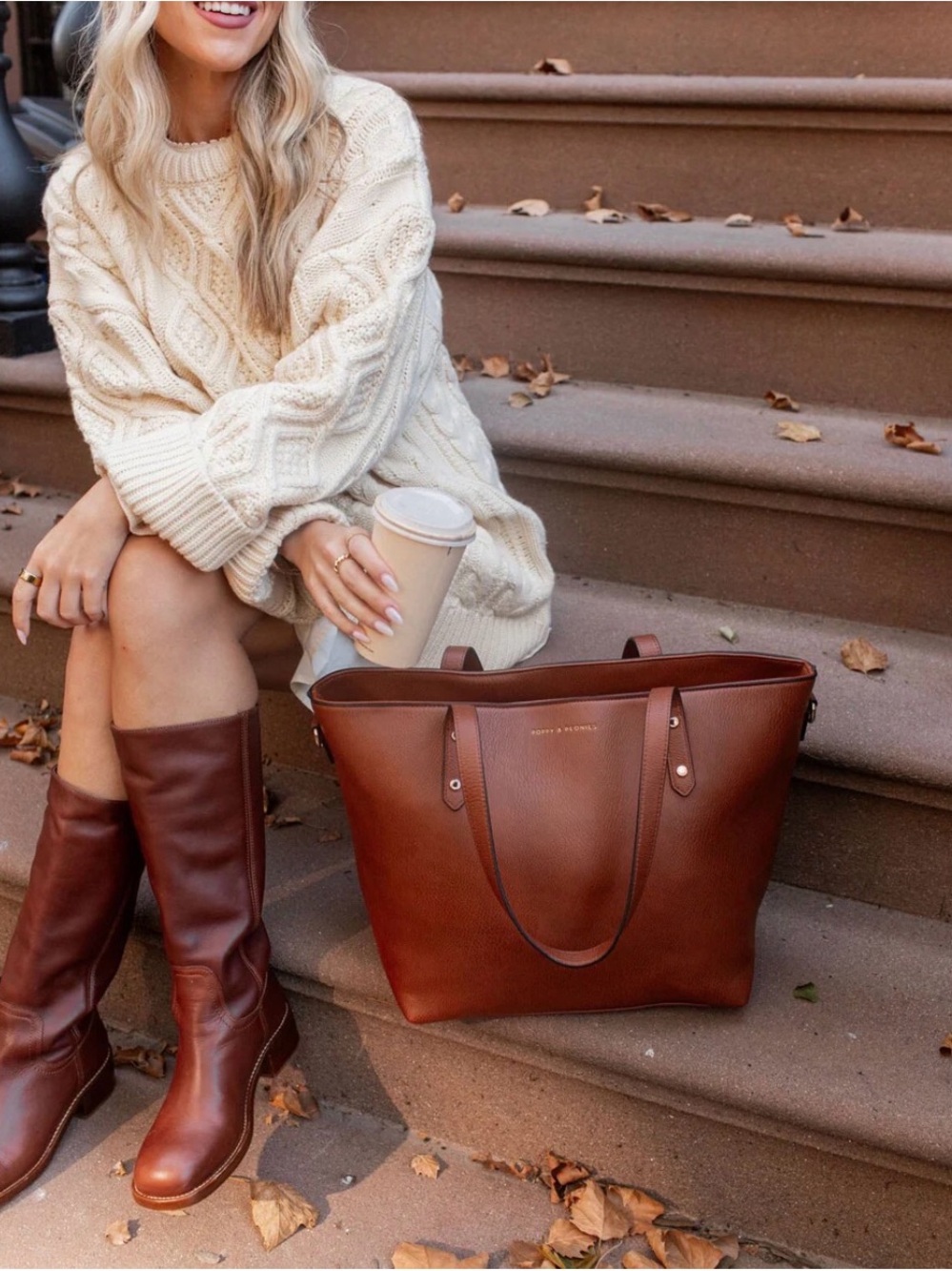 Poppy & Peonies Brown Leather go-getter Laptop Tote - Picture 12 of 15